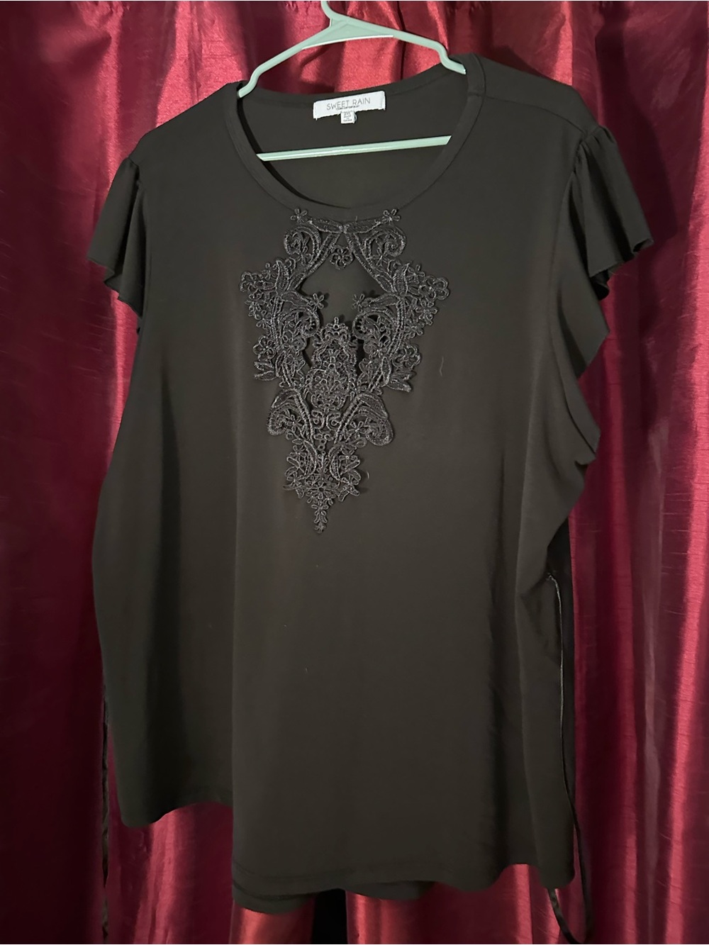 Sweet Rain Black Embroidered Flutter-Sleeve Blouse